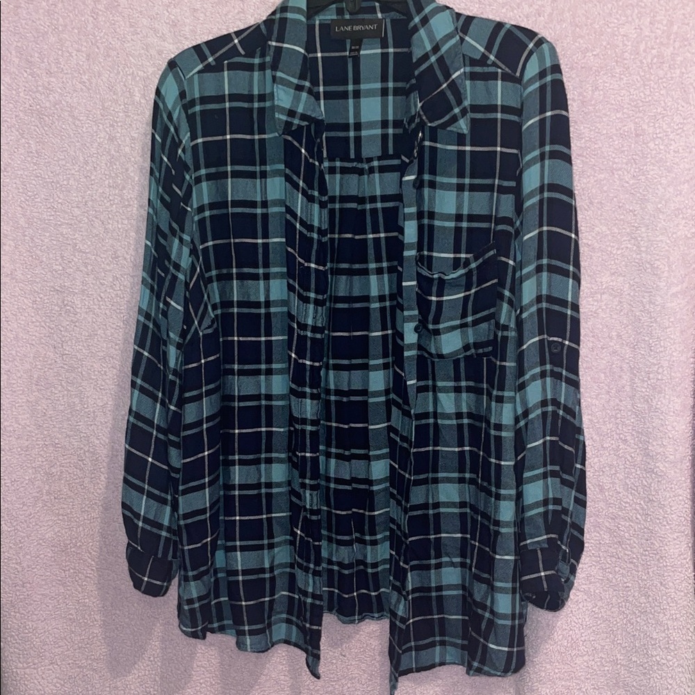 Lane Bryant Blue and Black Plaid Button Down Shirt